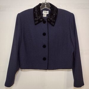 Rimini Cropped Navy Blazer with Black Sequin Collar Size (12)